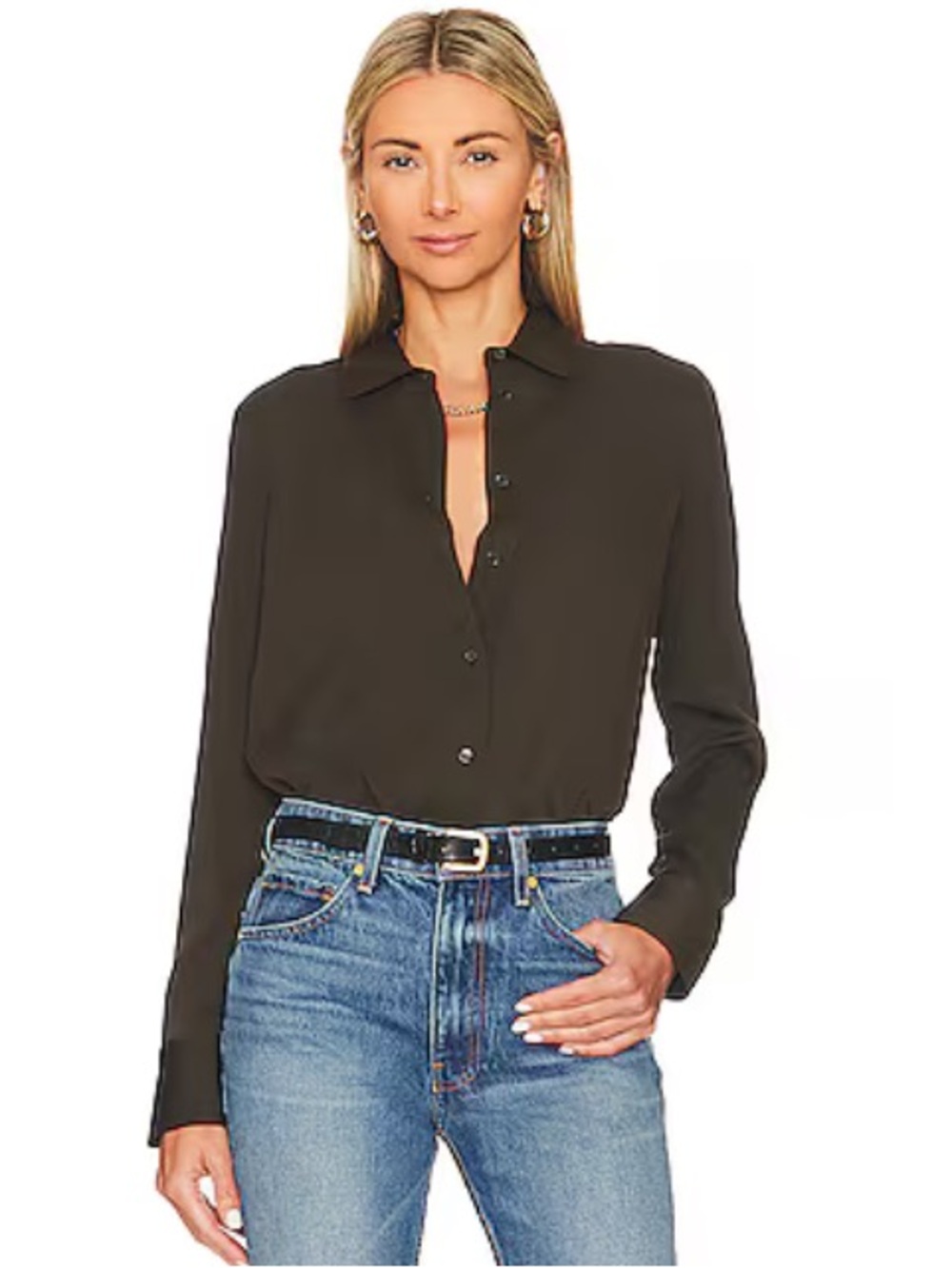 Vince Slim Fitted Blouse in Black Leaf